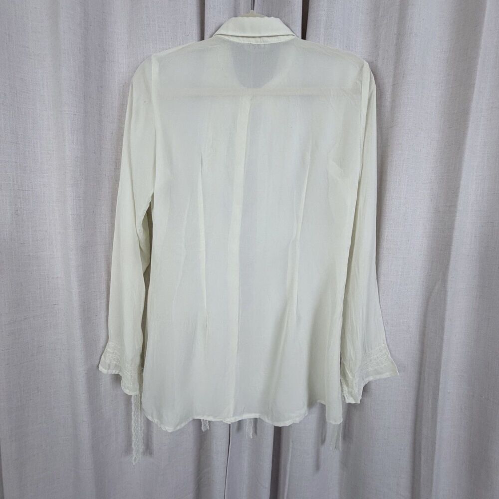 cream sheer lace women's blouse hidden snap front victorian edwardian poet top - Picture 5 of 11